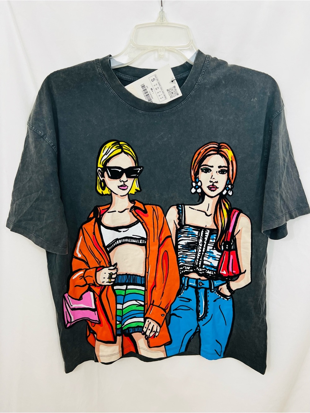 NWT! Zara Faded Girl Print T-Shirt Dark Gray Faded Cotton Fabric Sz S